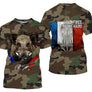 T-shirt chasse sanglier all-over camouflage militaire vert brun motif sanglier drapeau France Live Free Hunt Hard