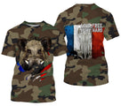 T-shirt chasse sanglier all-over camouflage militaire vert brun motif sanglier drapeau France Live Free Hunt Hard
