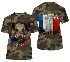 T-shirt chasse sanglier all-over camouflage militaire vert brun motif sanglier drapeau France Live Free Hunt Hard