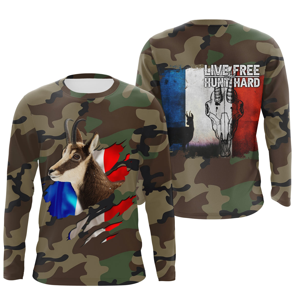 Chasse au Chamois, Camouflage Militaire Chasse, Cadeau Chasseurs, Live Free - Hunt Hard, Tee Shirt, Sweat à capuche, Vêtement Anti UV - CTS16042220 T-shirt Anti UV Manches Longues