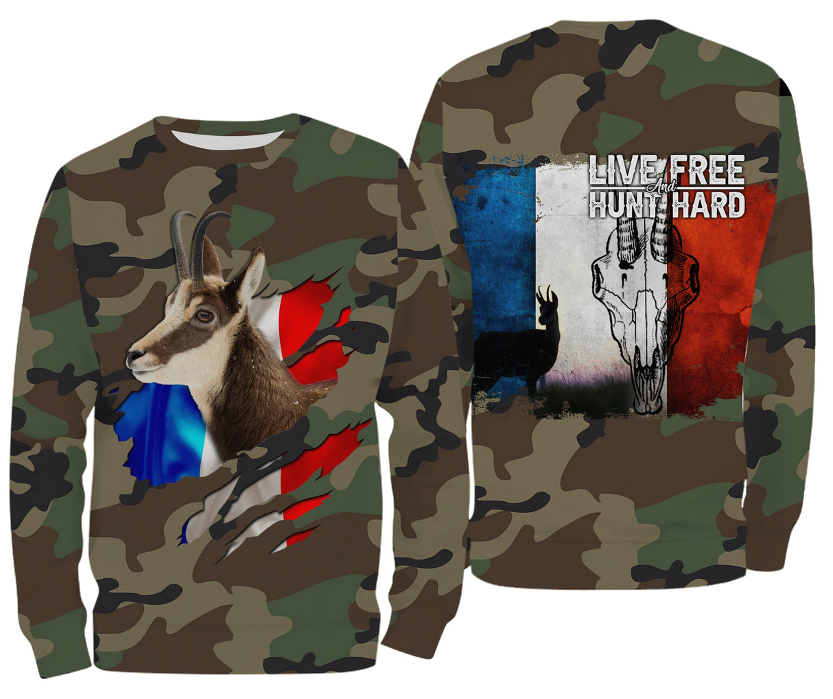 Chasse au Chamois, Camouflage Militaire Chasse, Cadeau Chasseurs, Live Free - Hunt Hard, Tee Shirt, Sweat à capuche, Vêtement Anti UV - CTS16042220 Sweater All Over Unisexe