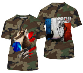 T-shirt chasse chamois all-over camouflage militaire vert brun motif chamois alpin drapeau France Live Free Hunt Hard