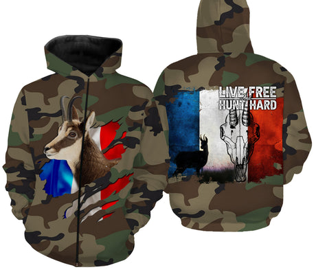 Chasse au Chamois, Camouflage Militaire Chasse, Cadeau Chasseurs, Live Free - Hunt Hard, Tee Shirt, Sweat à capuche, Vêtement Anti UV - CTS16042220 Sweat Zippé All Over Unisexe