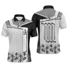 Polo golf homme noir intense quatre clubs alignés dos argyle losange bas médaillon central coupe ajustée séchage rapide