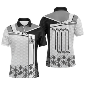 Polo golf homme noir intense quatre clubs alignés dos argyle losange bas médaillon central coupe ajustée séchage rapide