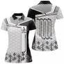 Polo golf femme noir intense clubs alignés argyle losange médaillon coupe cintrée tissu respirant