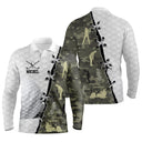 Polo de golf manches longues camouflage vert kaki et blanc avec silhouettes golfeurs en swing et voiturettes