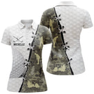 Polo golf femme camouflage marron terre silhouette golfeur médaillon coupe cintrée tissu respirant