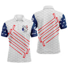 Polo golf homme blanc texture balle médaillon coq tricolore poitrine clubs croisés rouges dos inserts bleu étoilés manches