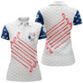 Polo golf femme blanc texture balle coq tricolore clubs croisés rouges inserts bleu manches coupe cintrée