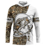 Sweat UV à capuche pêche bar leurre tatouage encré bicolore blanc camouflage roseau prénom personnalisé, vue de face