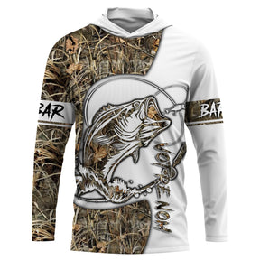 Sweat UV à capuche pêche bar leurre tatouage encré bicolore blanc camouflage roseau prénom personnalisé, vue de face