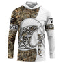 Sweat UV à capuche pêche truite au leurre tatouage encré bicolore blanc camouflage roseau prénom personnalisé, vue de face