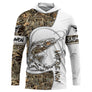 Sweat UV à capuche pêche saumon à la mouche tatouage encré bicolore blanc camouflage roseau prénom personnalisé, vue de face
