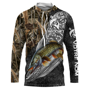 Sweat UV à capuche pêche brochet noir camouflage écailles tatouage encré prénom personnalisé, vue de face