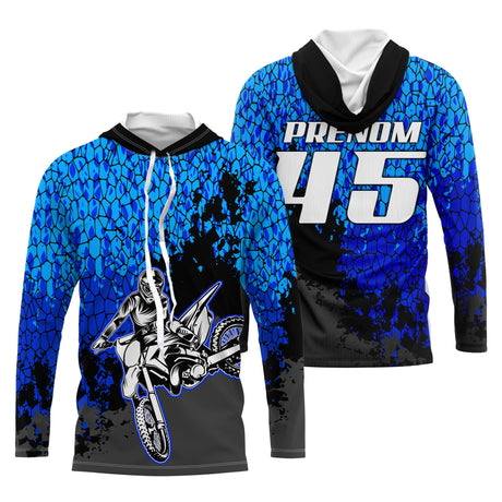 Maillot Cross Numéro Et Nom Personnalisé, UV Extrême Bleu MX Moto Tout-Terrain - CT17122230 - T-shirt Anti UV à Capuche Unisexe