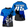 Maillot motocross bleu vif fragments avec motard en course et prénom numéro 45 imprimés, design dynamique