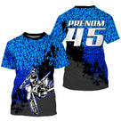 Maillot motocross bleu vif fragments avec motard en course et prénom numéro 45 imprimés, design dynamique