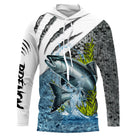 Sweat à capuche pêche saumon avec écailles argent et eau bleue, marquage prénom pour pêcheur rivière