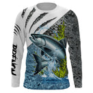 T-shirt manches longues pêche saumon argenté eau, design halieutique personnalisable au prénom