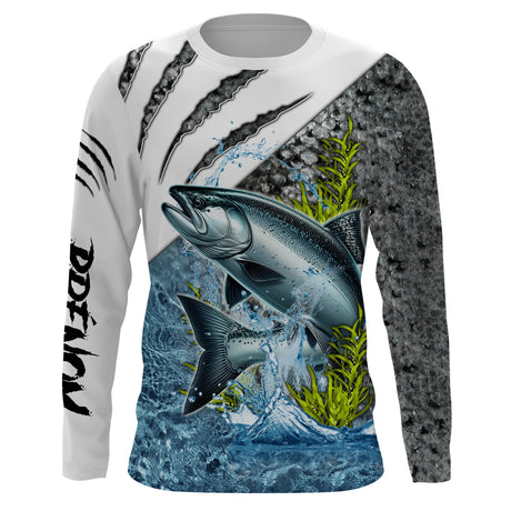 T-shirt manches longues pêche saumon argenté eau, design halieutique personnalisable au prénom