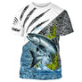 T-shirt anti-UV pêche saumon blanc avec saumon sautant et écailles argentées, prénom imprimé sur manche