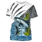 T-shirt anti-UV pêche saumon blanc avec saumon sautant et écailles argentées, prénom imprimé sur manche