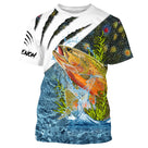 T-shirt anti-UV pêche truite blanc avec truite arc-en-ciel sautant et écailles tachetées, prénom imprimé
