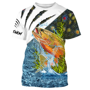 T-shirt anti-UV pêche truite blanc avec truite arc-en-ciel sautant et écailles tachetées, prénom imprimé