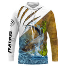 Sweat anti-UV pêche silure blanc marron avec silure géant sautant hors de l'eau, prénom imprimé manche