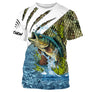 T-shirt anti-UV pêche bar blanc avec bar loup de mer sautant et écailles vertes argentées, prénom imprimé