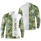 Polo manches longues golf unisexe vert prairie billets euros all-over bande blanche prénom tissu respirant
