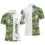 Polo golf homme vert prairie billets euros all-over bande blanche centrale médaillon prénom Michel balle de golf