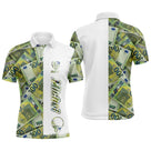 Polo golf homme vert prairie billets euros all-over bande blanche centrale médaillon prénom Michel balle de golf