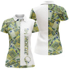 Polo golf femme vert prairie billets euros all-over bande blanche centrale médaillon prénom coupe cintrée