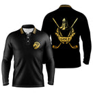 Polo manches longues golf unisexe noir intense médaillon roi guerrier armure dorée clubs croisés or GOLF tissu respirant