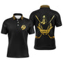 Polo golf homme noir intense médaillon central guerrier roi armure dorée clubs croisés or inscription GOLF graphique