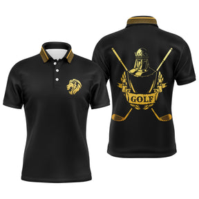 Polo golf homme noir intense médaillon central guerrier roi armure dorée clubs croisés or inscription GOLF graphique