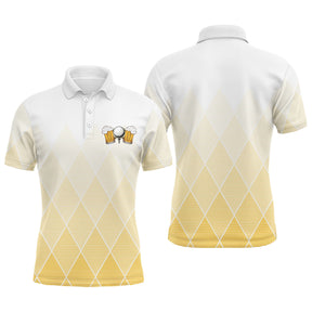 Polo golf homme blanc dégradé argyle jaune moutarde beige bas deux chopes bière mousseuses graphiques poitrine touches dorées