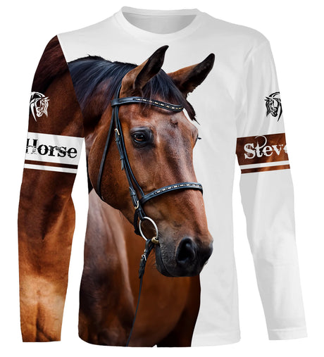 Manches longues cheval passion blanc avec portrait cheval brun bai écussons Horse all-over