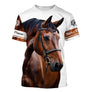 T-shirt cheval passion personnalisé blanc all-over avec portrait réaliste de cheval brun bai en gros plan