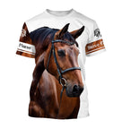 T-shirt cheval passion personnalisé blanc all-over avec portrait réaliste de cheval brun bai en gros plan