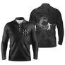 Polo manches longues golf unisexe premium noir effet fumée blanche silhouette golfeur clubs croisés tissu respirant