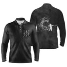 Polo manches longues golf unisexe premium noir effet fumée blanche silhouette golfeur clubs croisés tissu respirant