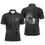 Polo golf homme premium noir intense effet fumée blanche brumeuse mouvement silhouette golfeur swing clubs croisés médaillon