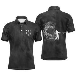 Polo golf homme premium noir intense effet fumée blanche brumeuse mouvement silhouette golfeur swing clubs croisés médaillon