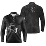 Polo manches longues golf unisexe noir tourbillon fumée blanche silhouette golfeur GOLF verticale tissu respirant