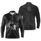 Polo manches longues golf unisexe noir tourbillon fumée blanche silhouette golfeur GOLF verticale tissu respirant