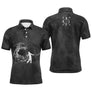 Polo golf homme noir tourbillon fumée blanche silhouette golfeur swing tire balle inscription GOLF verticale