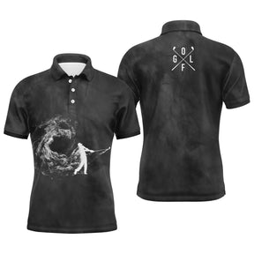Polo golf homme noir tourbillon fumée blanche silhouette golfeur swing tire balle inscription GOLF verticale